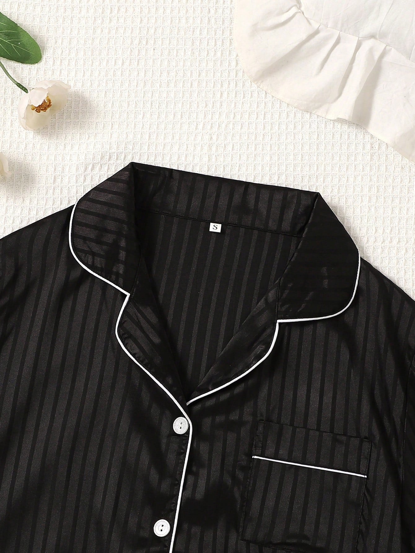 Midnight Black Striped Satin 3-Piece Women’s Pajama Set