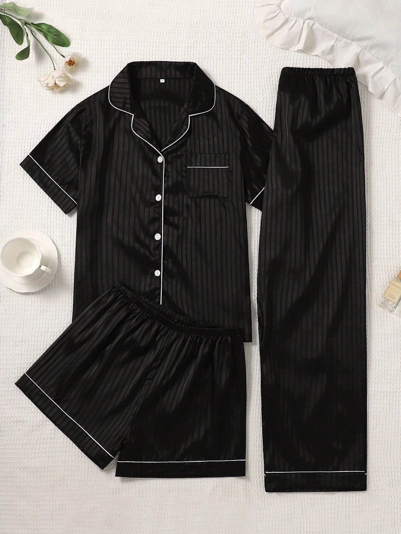 Midnight Black Striped Satin 3-Piece Women’s Pajama Set