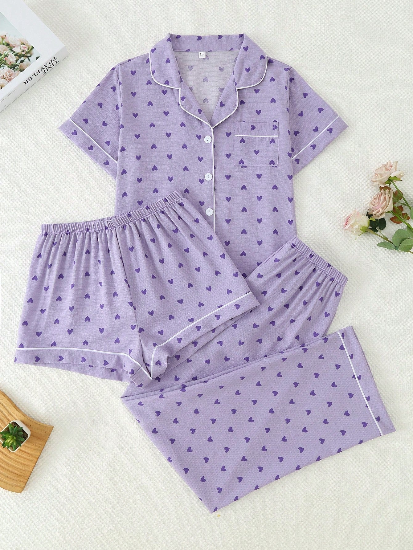 Lavender Heart Print 3-Piece Nightwear Set