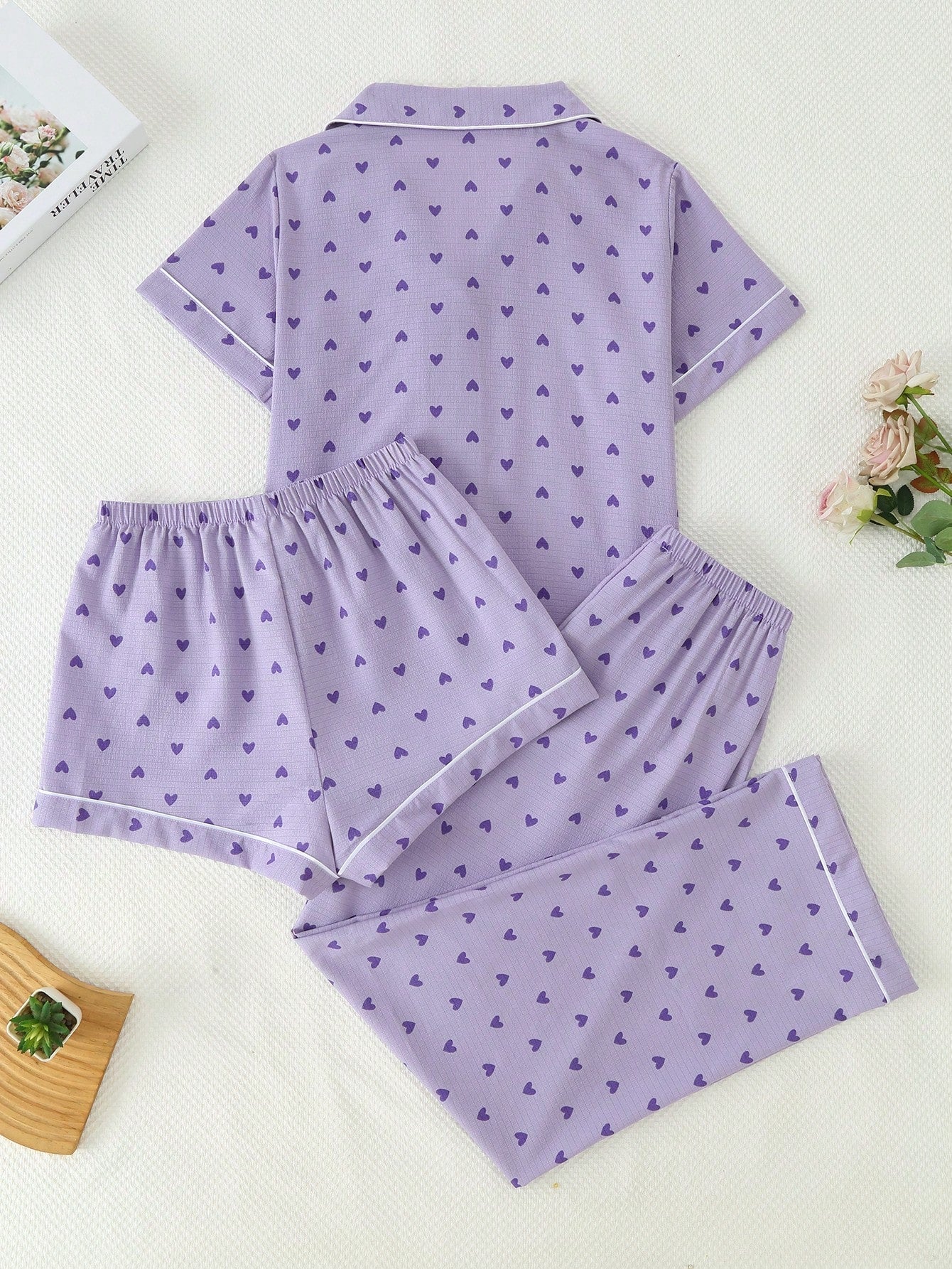 Lavender Heart Print 3-Piece Nightwear Set