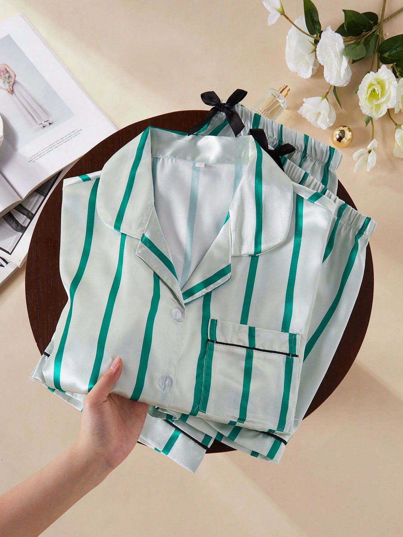 Emerald Stripe Satin 3-Piece Women’s Pajama Set