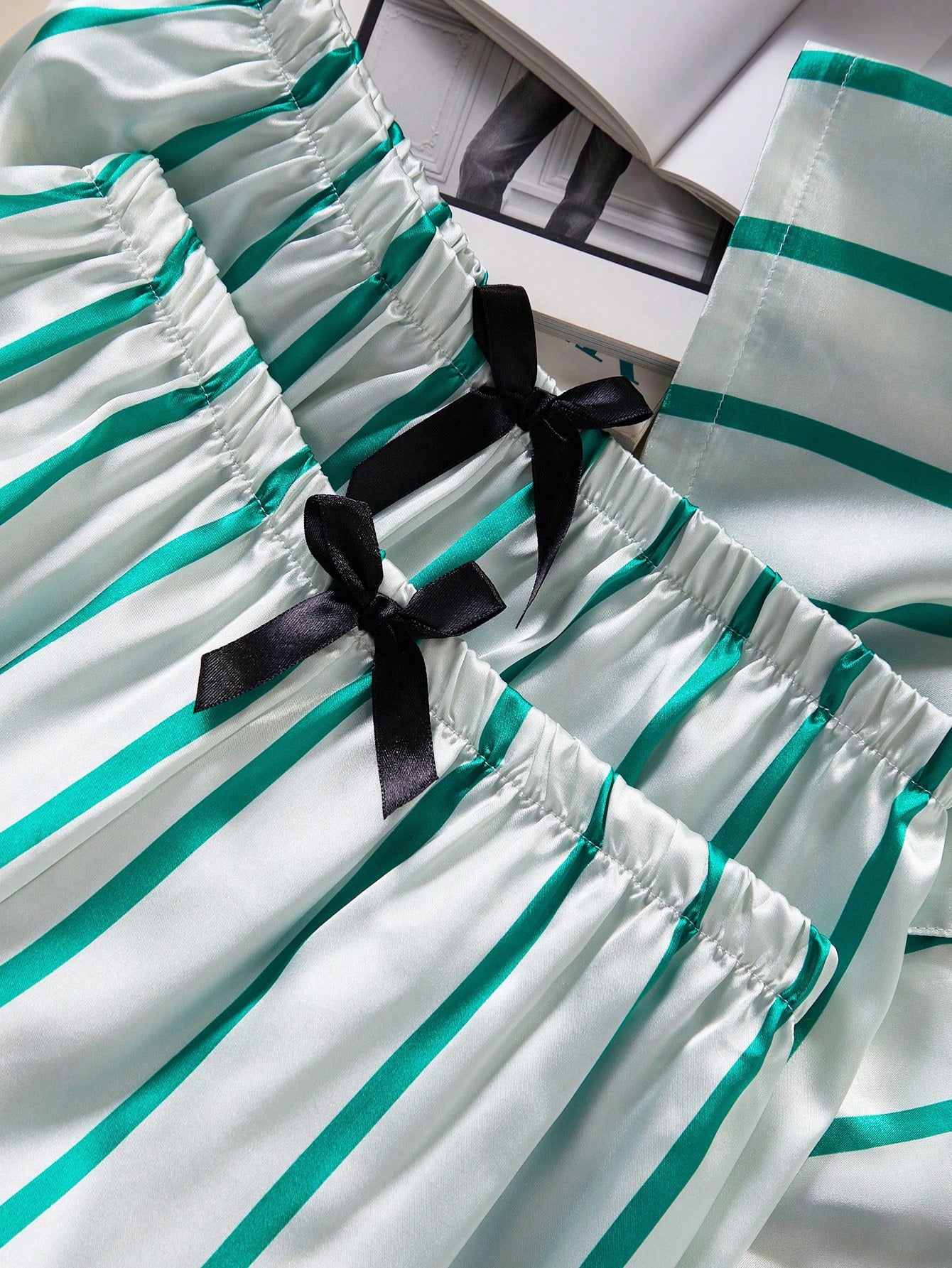 Emerald Stripe Satin 3-Piece Women’s Pajama Set