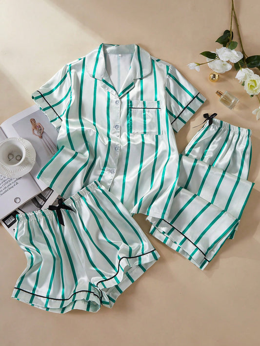Emerald Stripe Satin 3-Piece Women’s Pajama Set