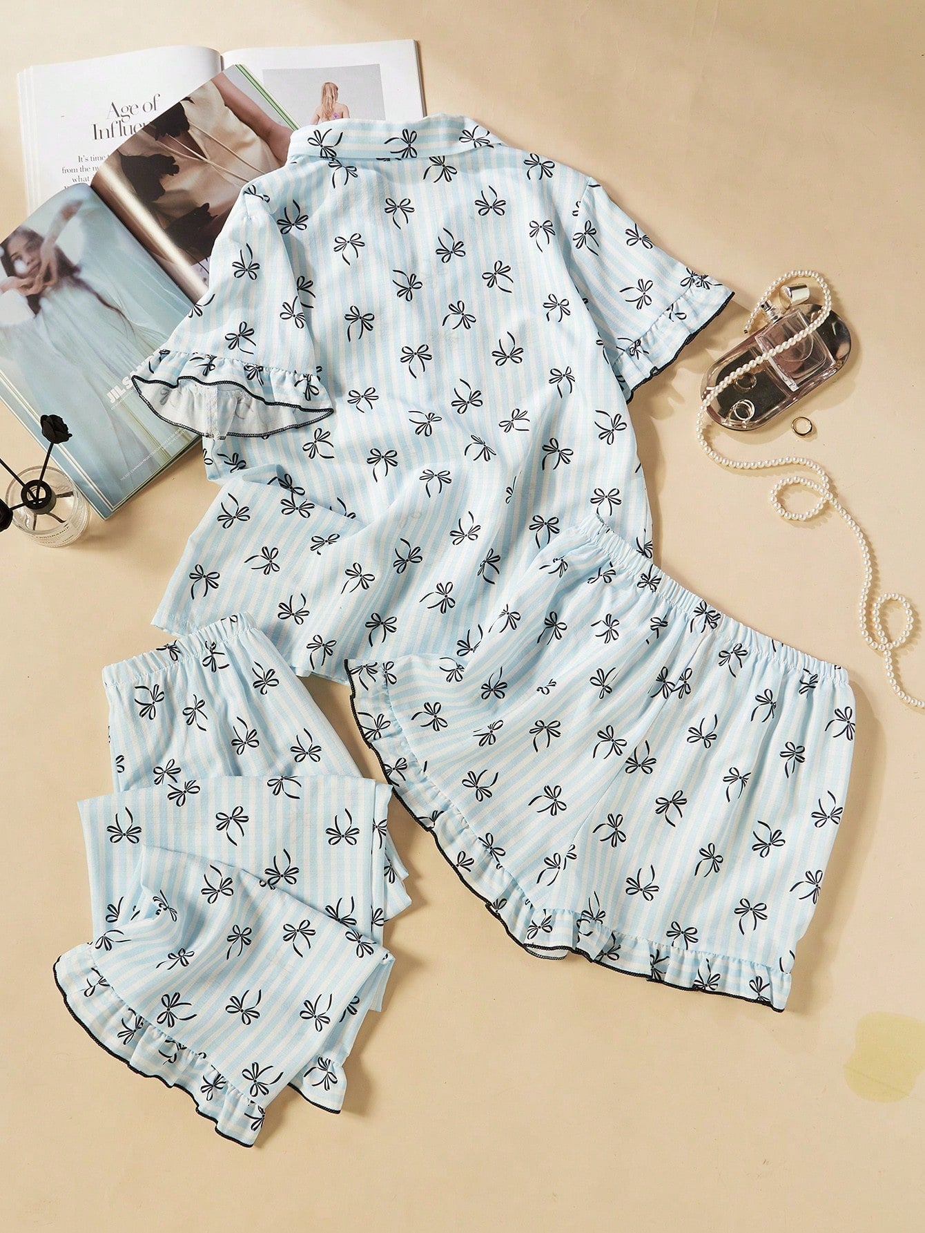 Blue Bow Print 3-Piece Women’s Pajama Set