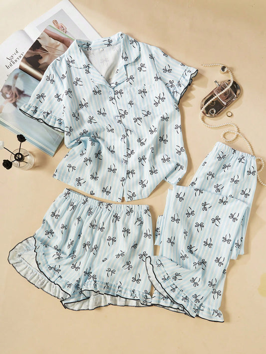 Blue Bow Print 3-Piece Women’s Pajama Set