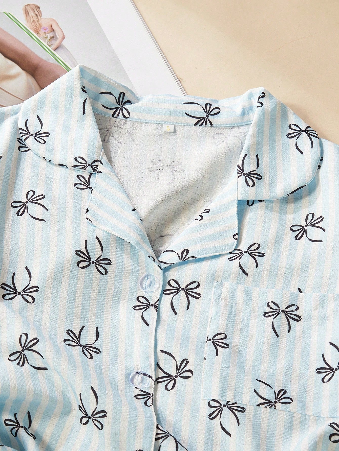 Blue Bow Print 3-Piece Women’s Pajama Set