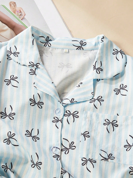 Blue Bow Print 3-Piece Women’s Pajama Set