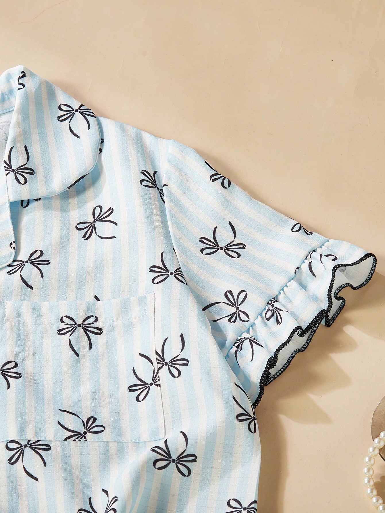 Blue Bow Print 3-Piece Women’s Pajama Set