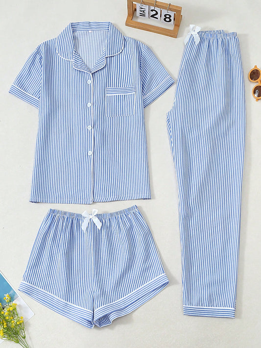 Classic Blue Stripe 3-Piece Women’s Pajama Set