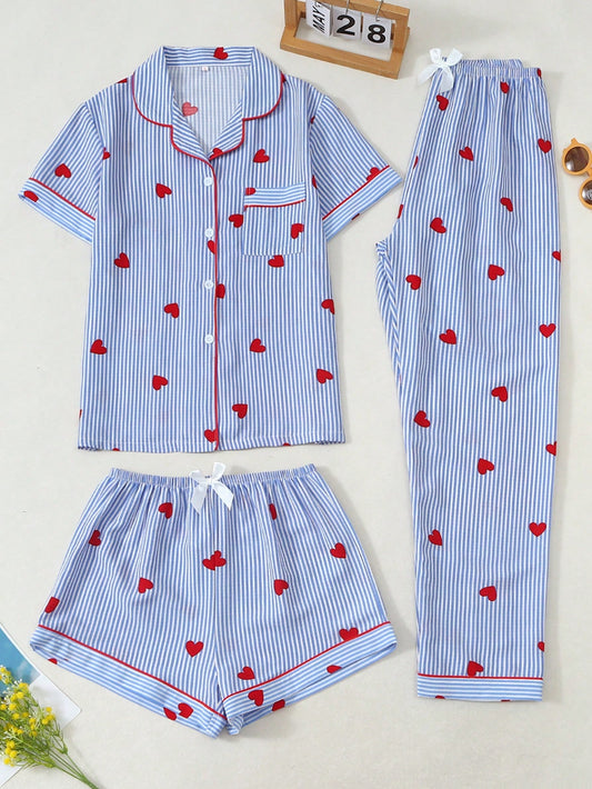 Blue Stripe Heart Print 3-Piece Women’s Pajama Set