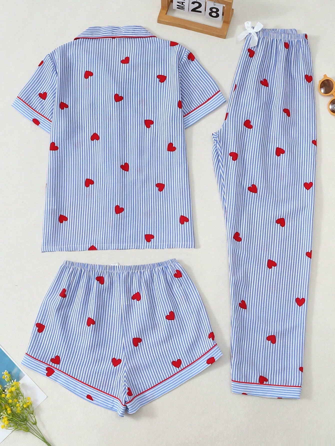 Blue Stripe Heart Print 3-Piece Women’s Pajama Set