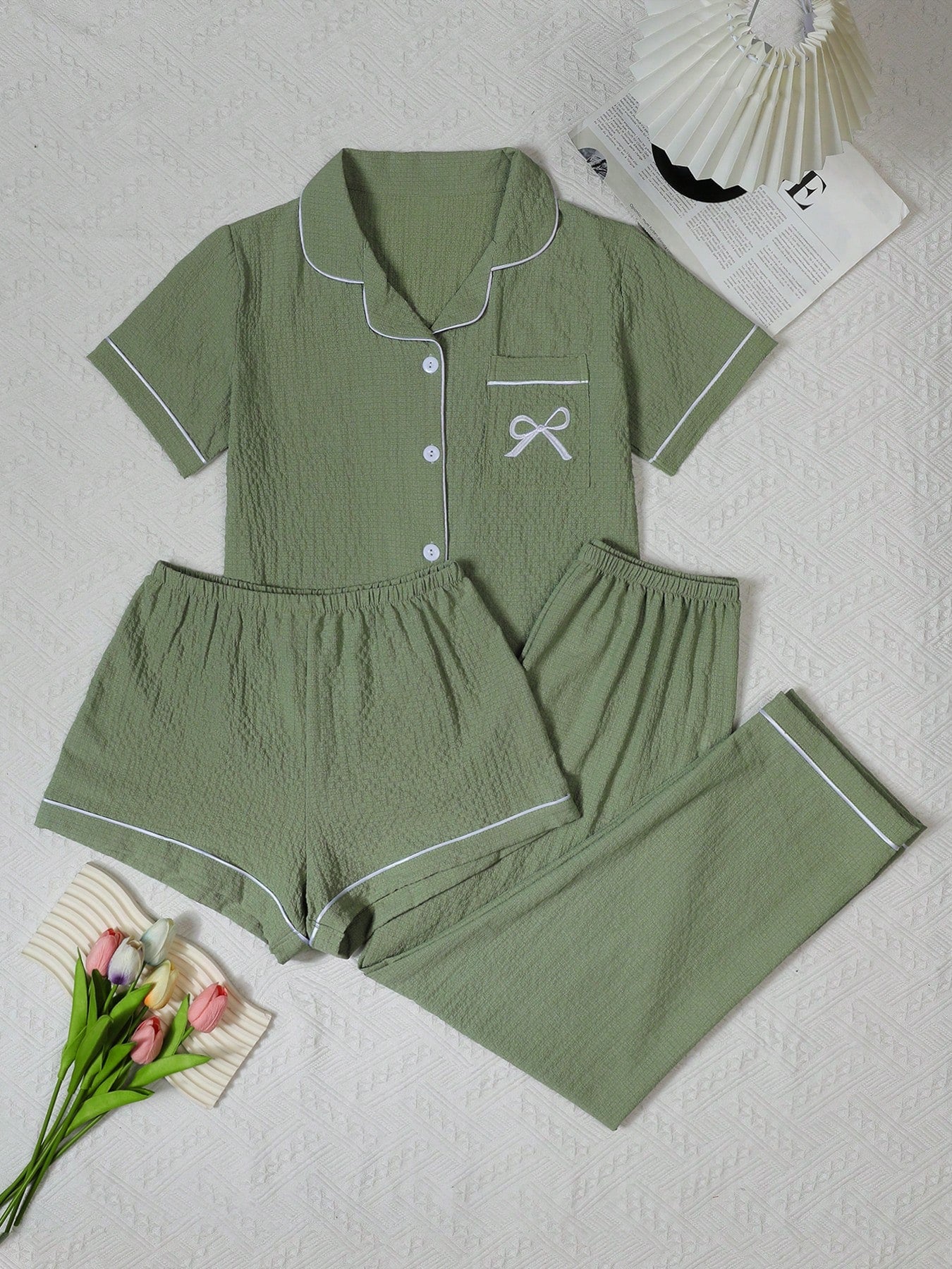 Sage Green Solid 3-Piece Women’s Pajama Set