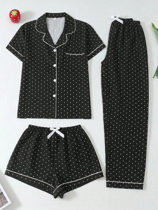 Classic Black Polka Dot 3-Piece Women’s Pajama Set