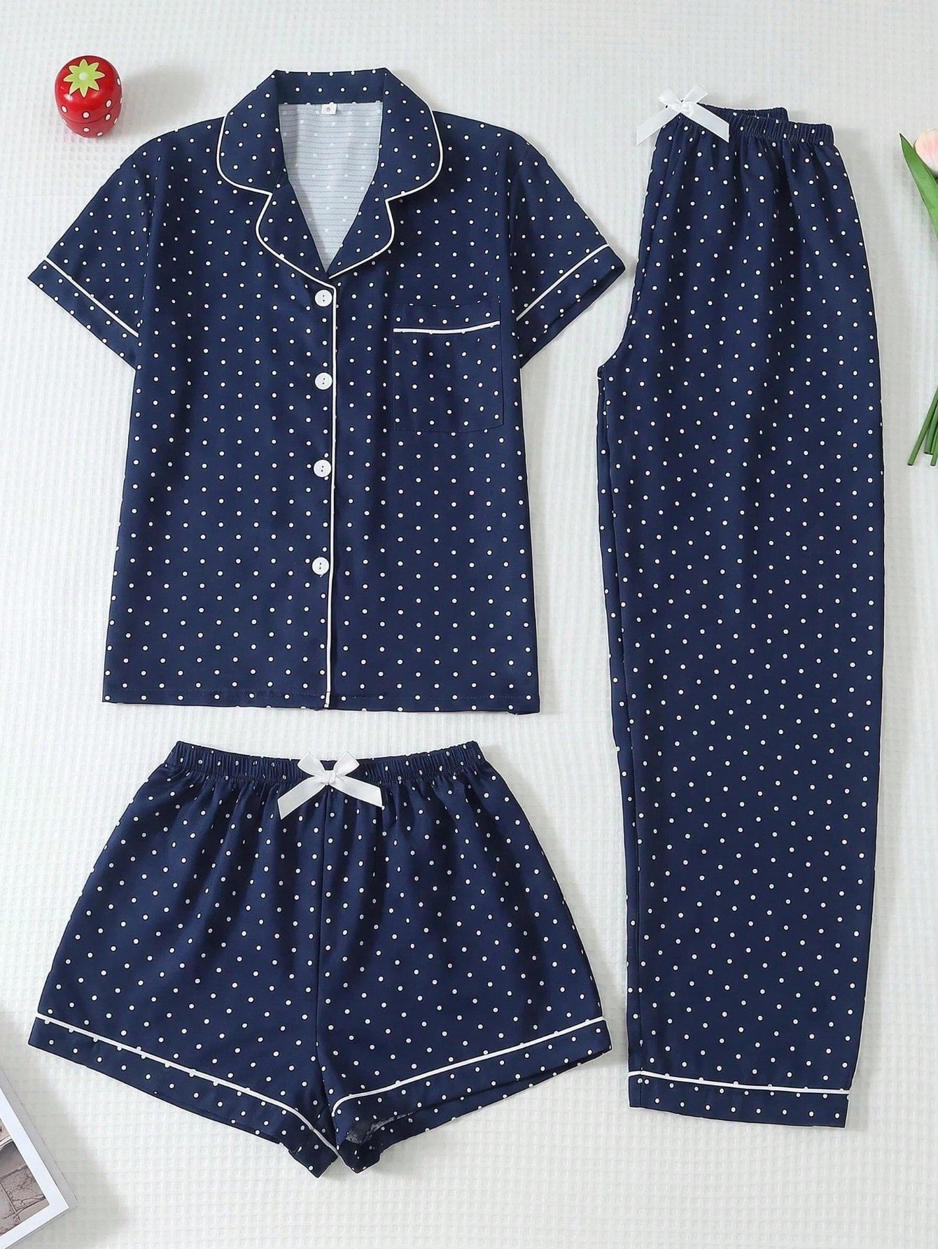 Navy Blue Polka Dot 3-Piece Women’s Pajama Set