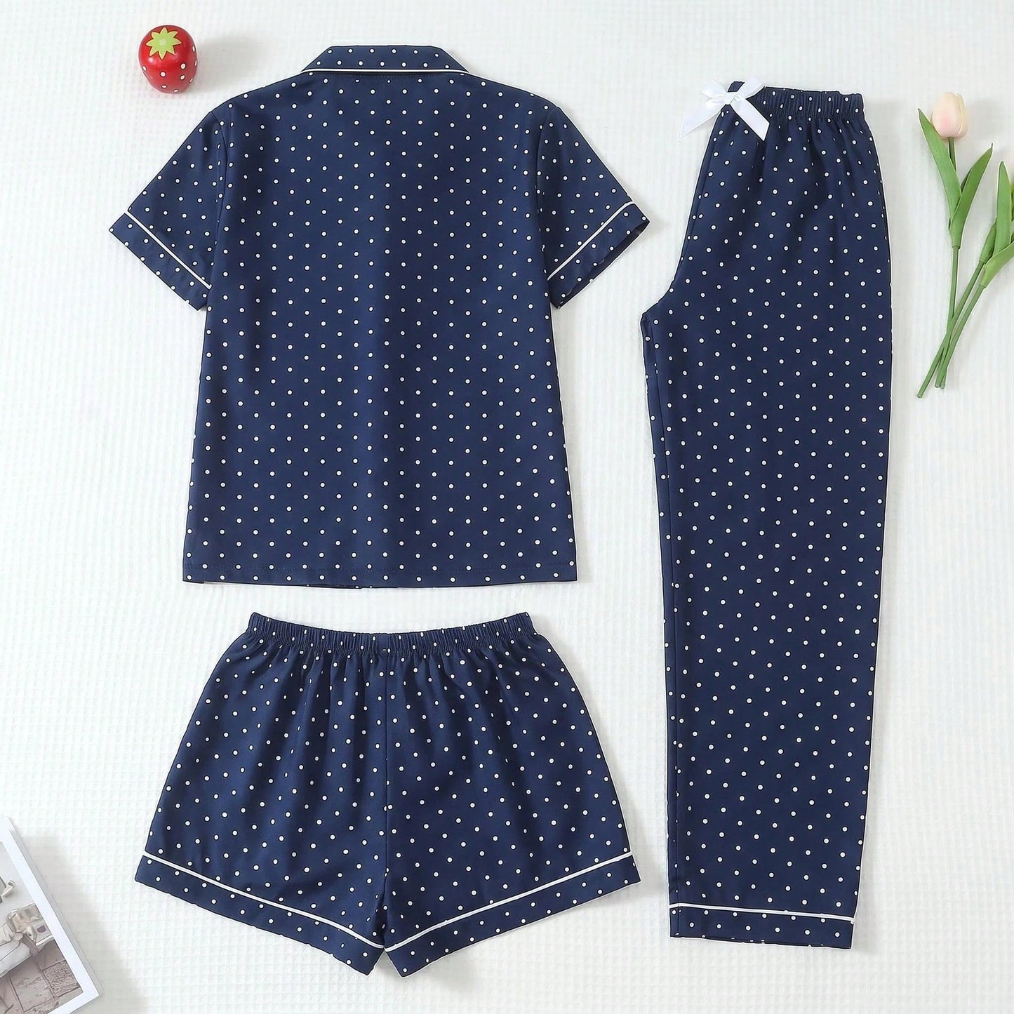 Navy Blue Polka Dot 3-Piece Women’s Pajama Set