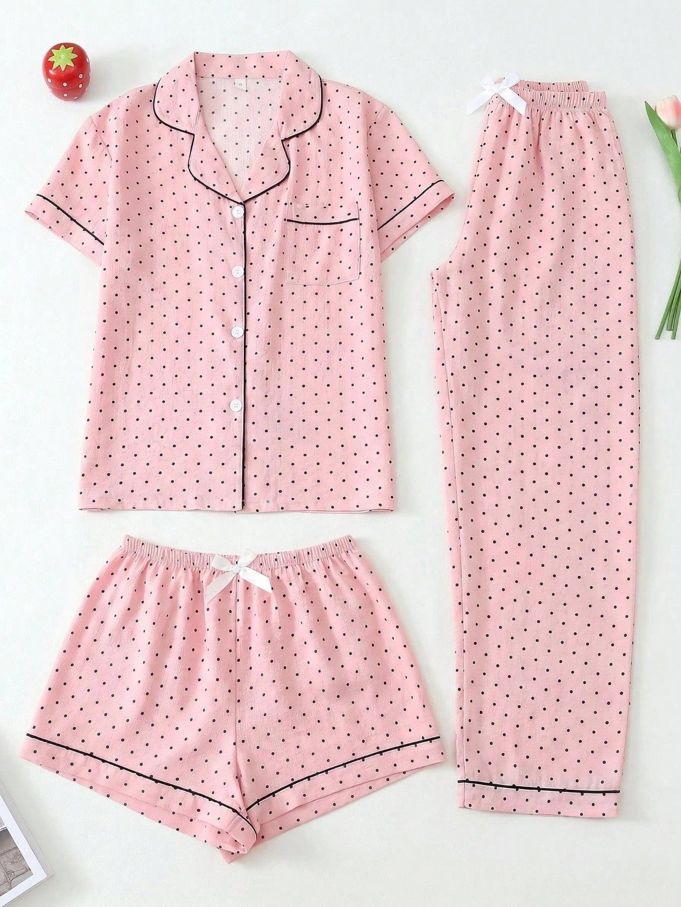 Blush Pink Polka Dot 3-Piece Women’s Pajama Set