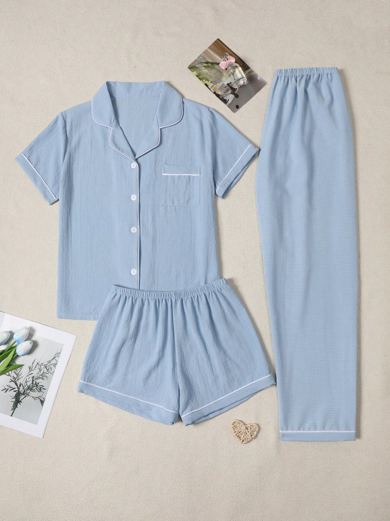 Sky Blue Solid 3-Piece Women’s Pajama Set