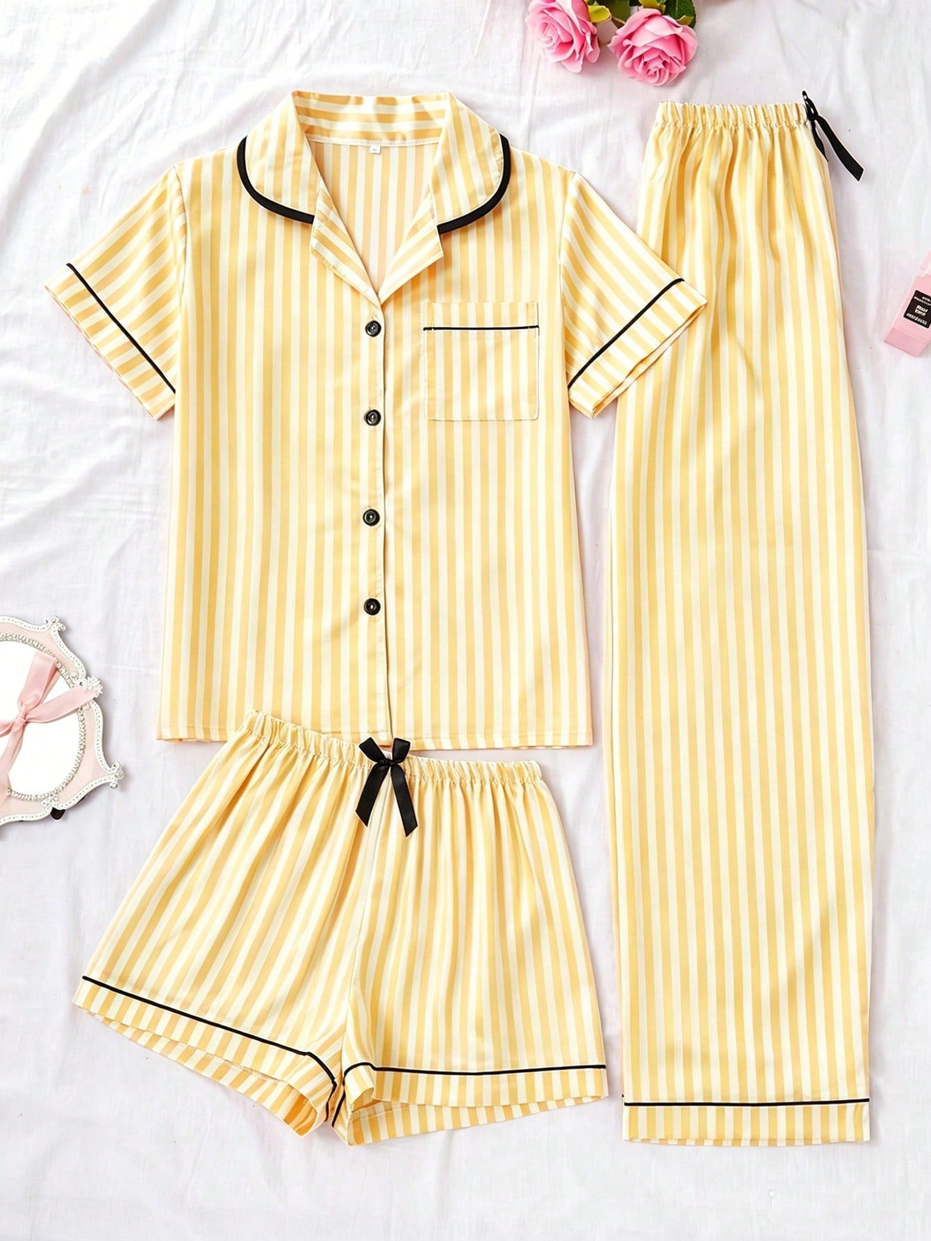 Sunshine Yellow Stripe 3-Piece Women’s Pajama Set