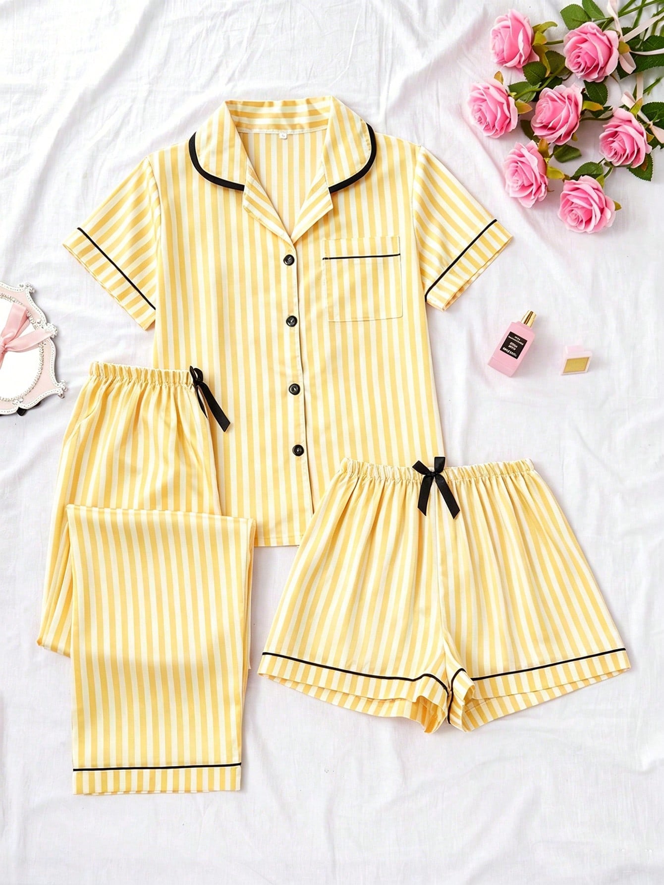 Sunshine Yellow Stripe 3-Piece Women’s Pajama Set
