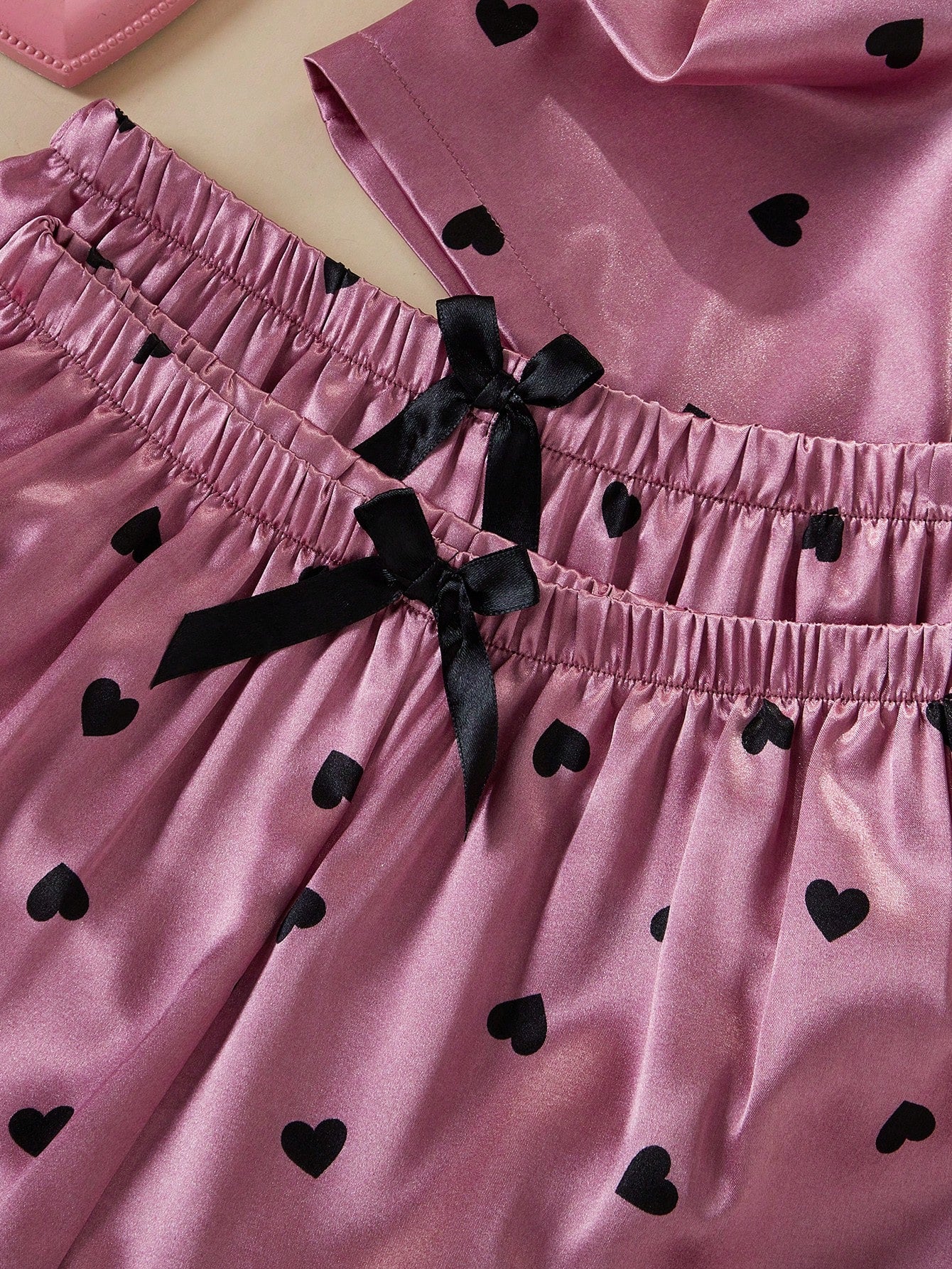 Rose Pink Satin Heart Print 3-Piece Women’s Pajama Set