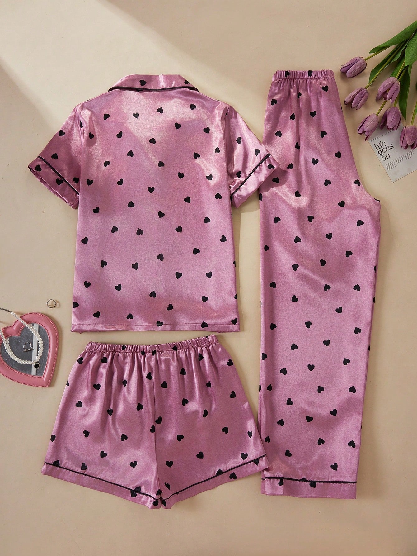 Rose Pink Satin Heart Print 3-Piece Women’s Pajama Set