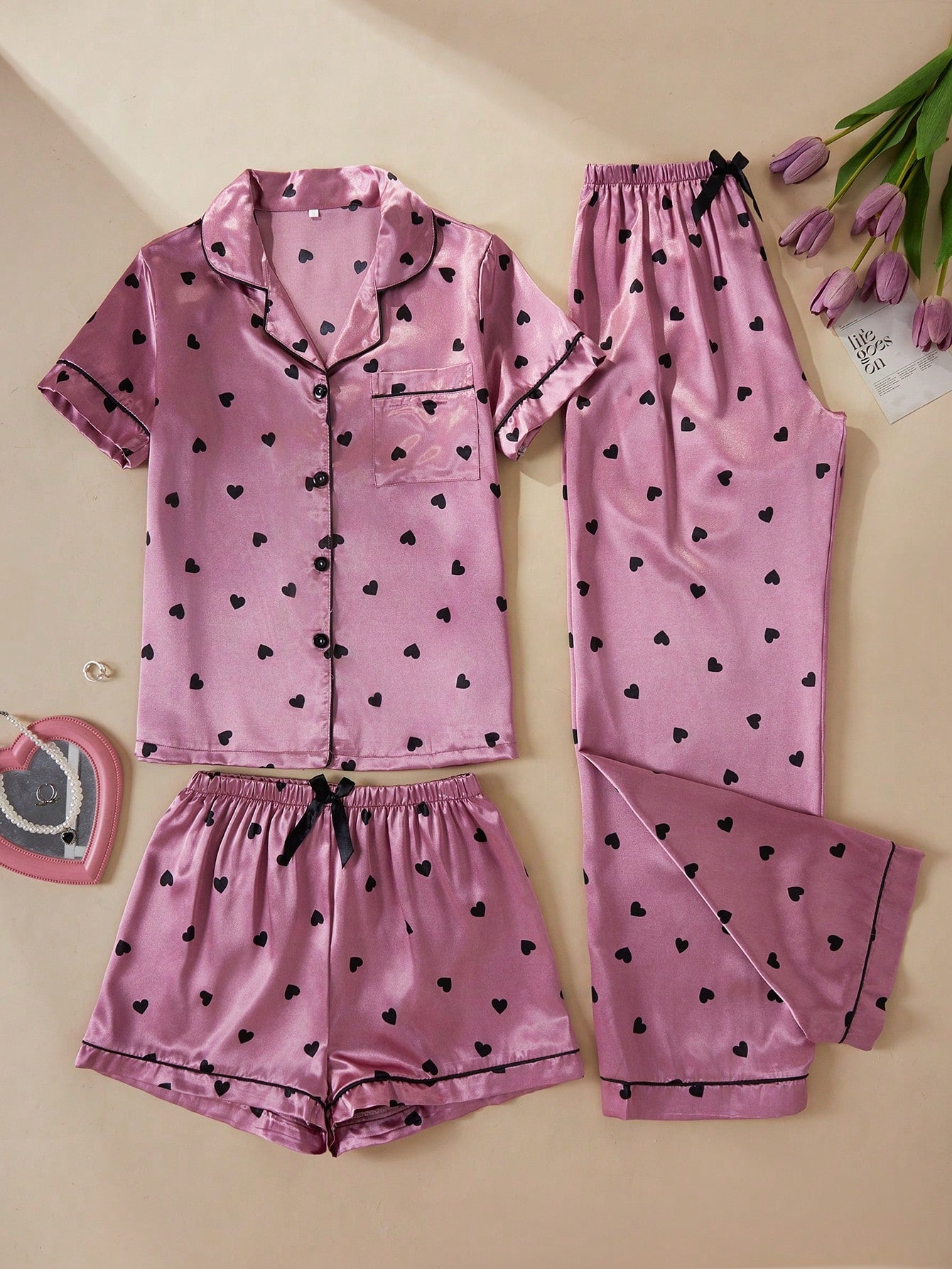 Rose Pink Satin Heart Print 3-Piece Women’s Pajama Set