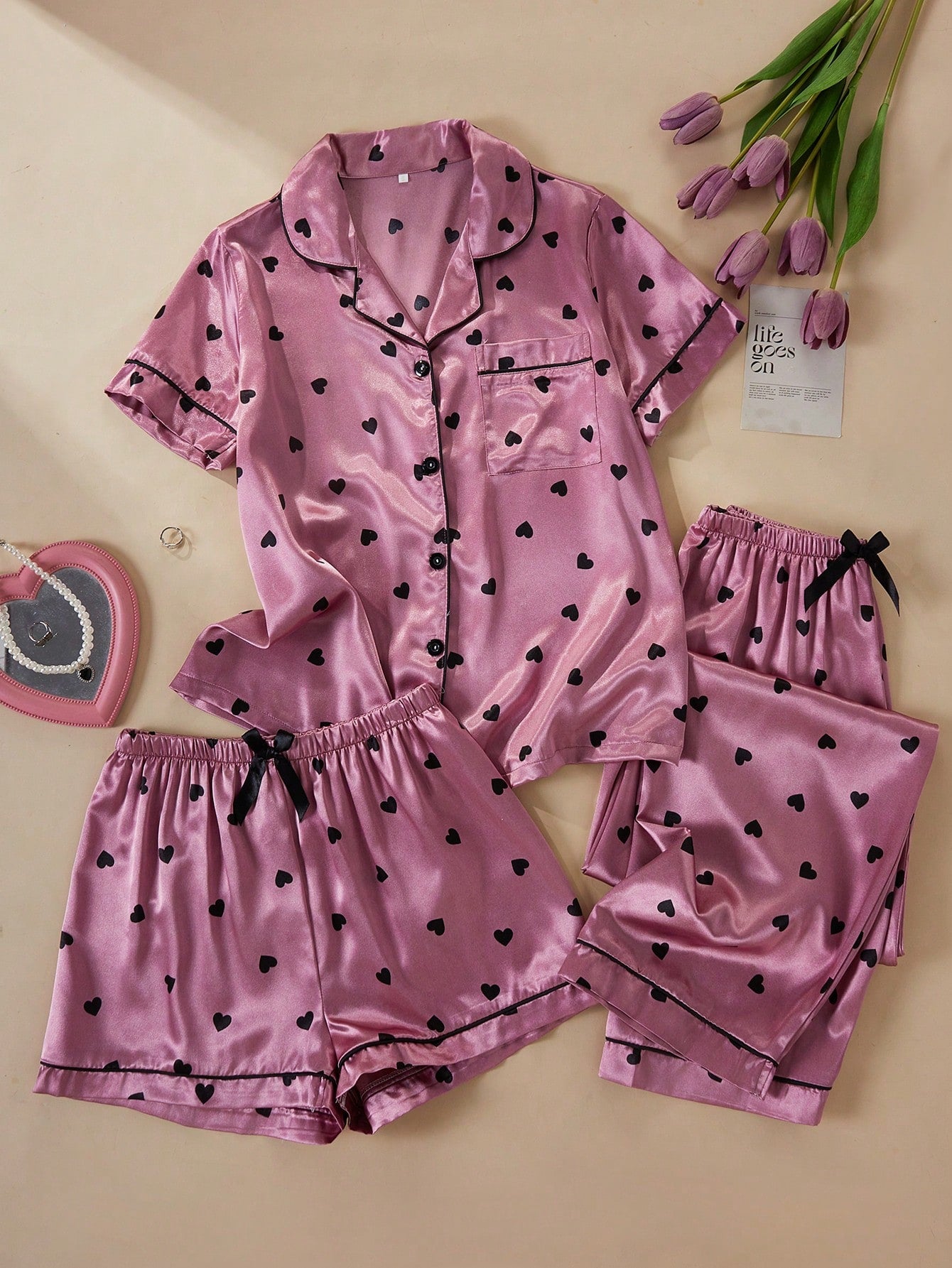 Rose Pink Satin Heart Print 3-Piece Women’s Pajama Set