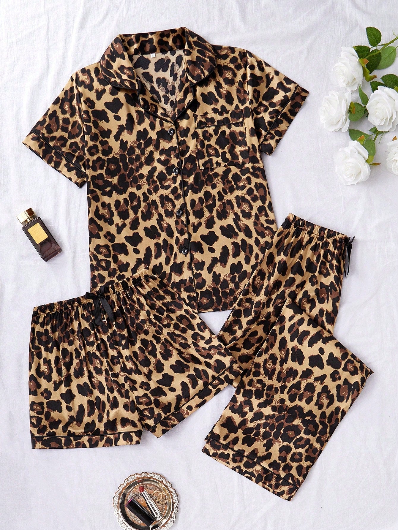 Wild Leopard Print Satin 3-Piece Women’s Pajama Set