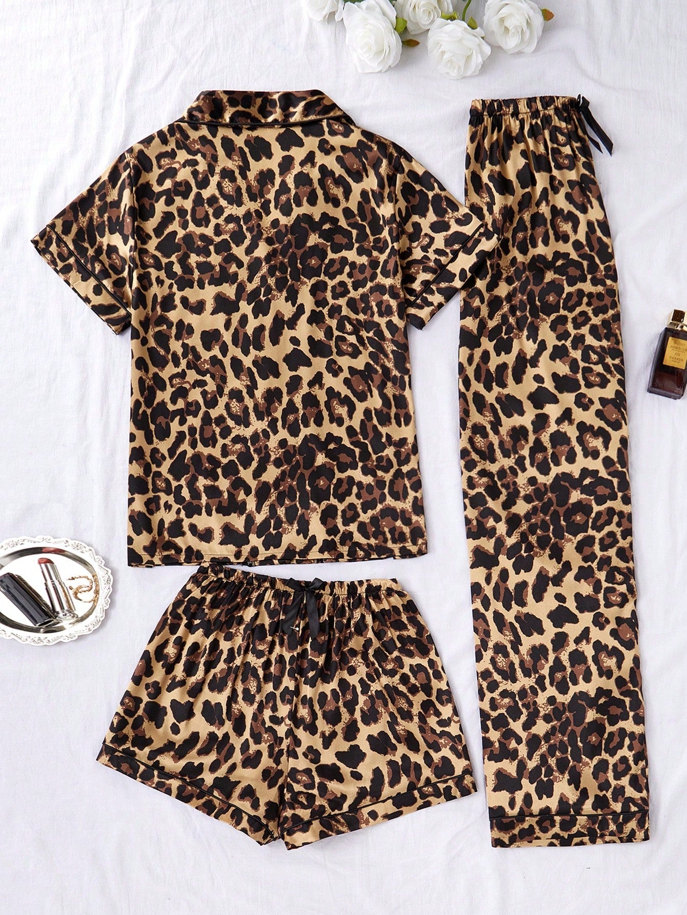 Wild Leopard Print Satin 3-Piece Women’s Pajama Set