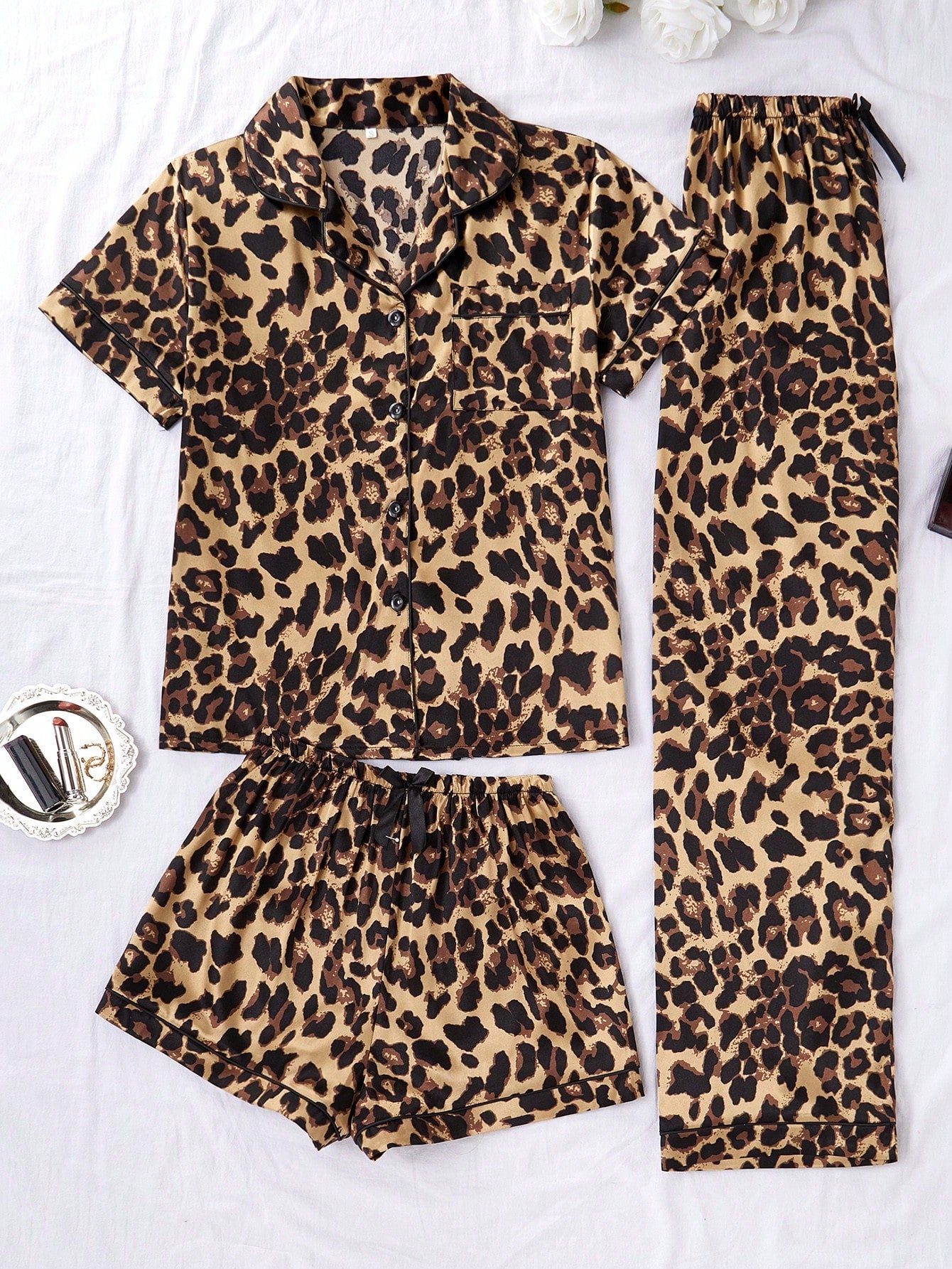 Wild Leopard Print Satin 3-Piece Women’s Pajama Set
