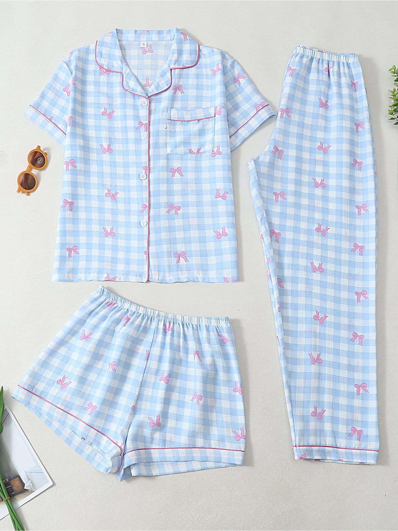 Blue Bow Bliss 3-Piece Pajama Set