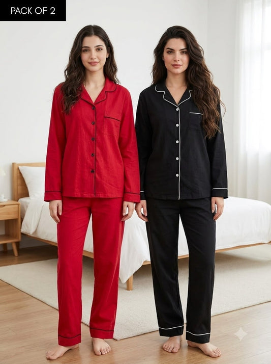 Midnight Luxe – Solid Satin Pajama Set | Pack of 2