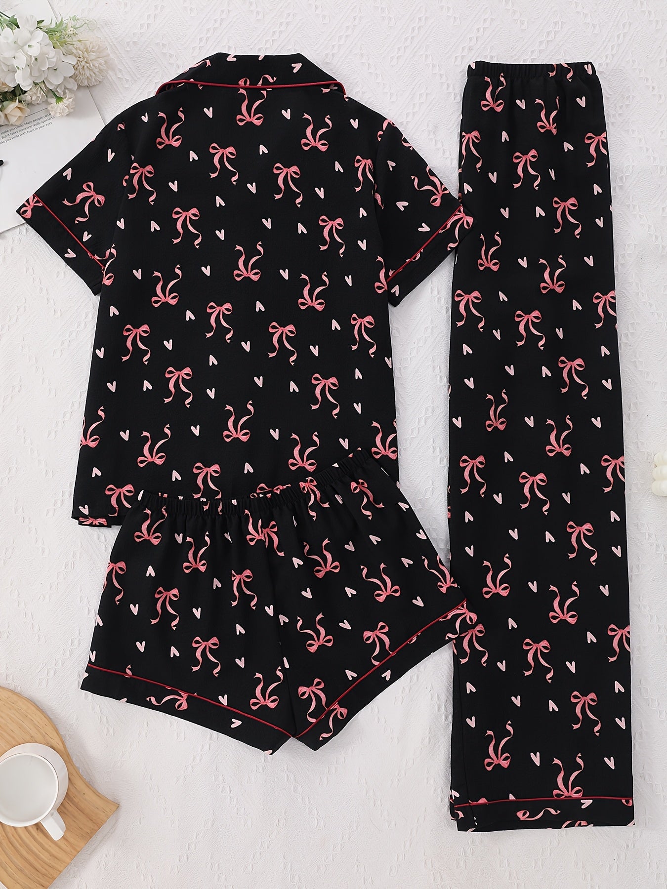Midnight Bow & Heart Print 3-Piece Women’s Pajama Set