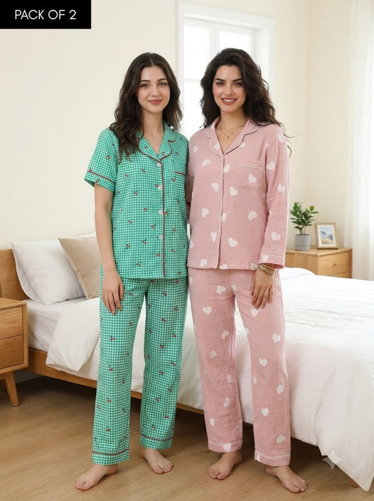 Blush & Mint Comfort Duo – Printed Cotton Pajama Set | Pack of 2