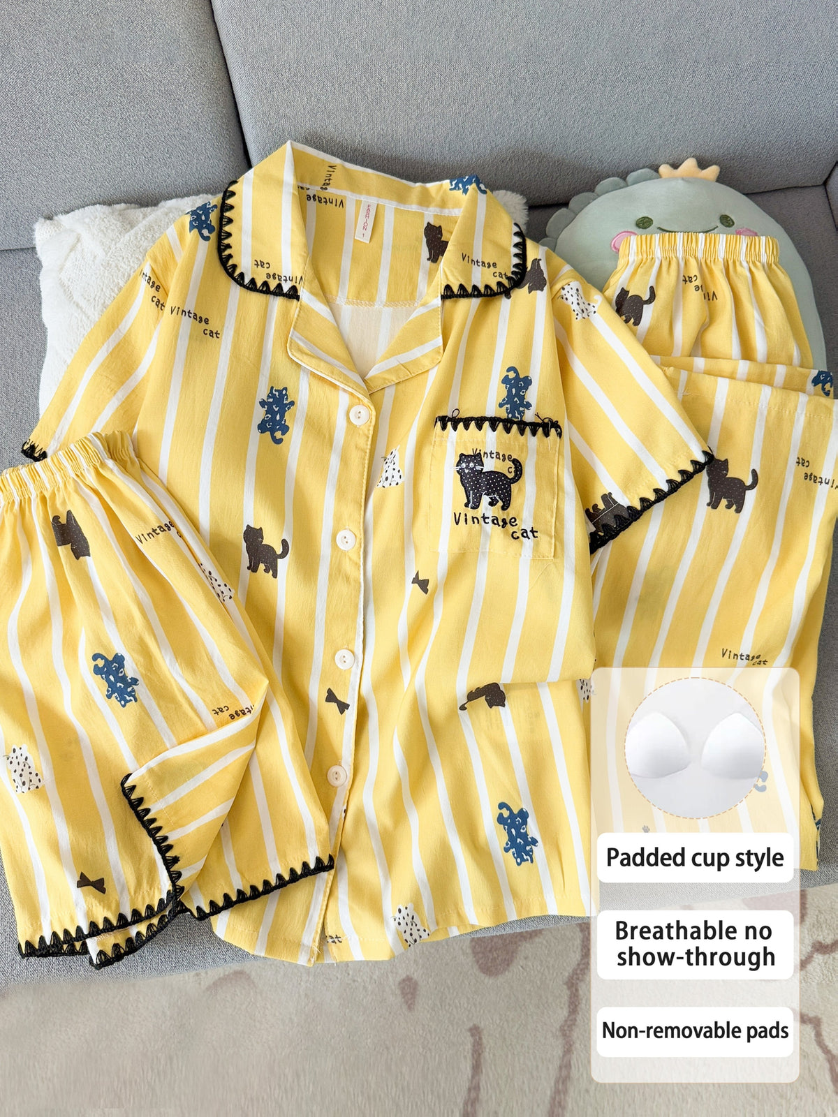 Vintage Cat Print 3-Piece Women’s Pajama Set – Sunshine Yellow