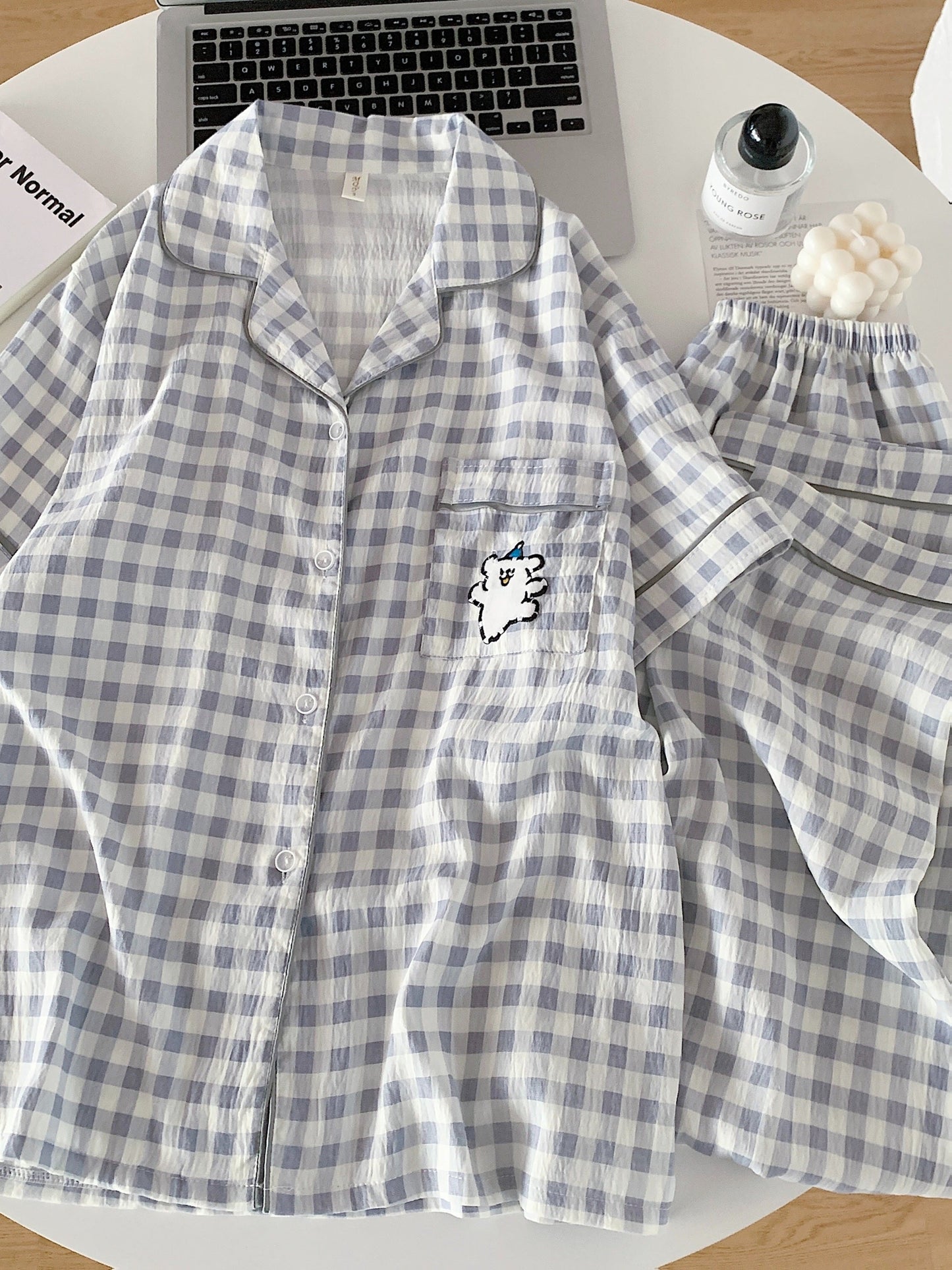 Cloud Check 3-Piece Pajama Set – Shirt, Shorts & Pants