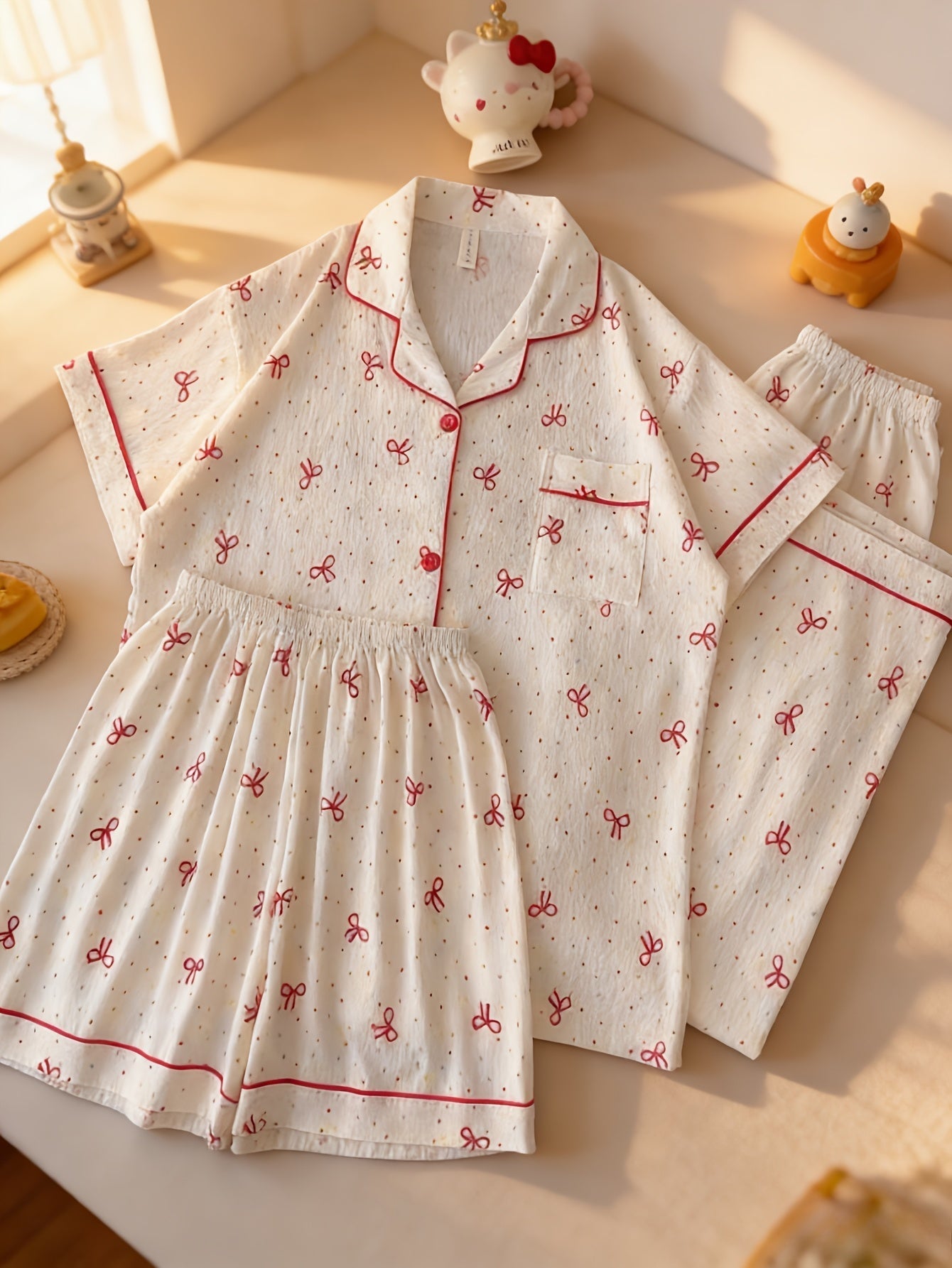 Cherry Bow Dream 3-Piece Pajama Set – Shirt, Shorts & Pants