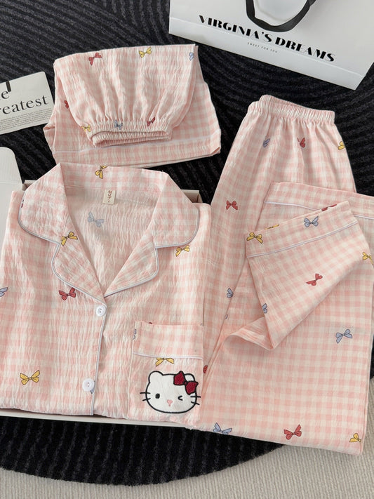 Blush Kitty Bow Check 3-Piece Pajama Set – Shirt, Shorts & Pants