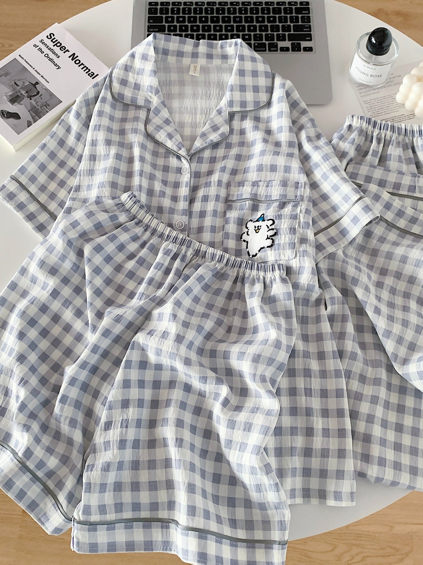 Cloud Check 3-Piece Pajama Set – Shirt, Shorts & Pants