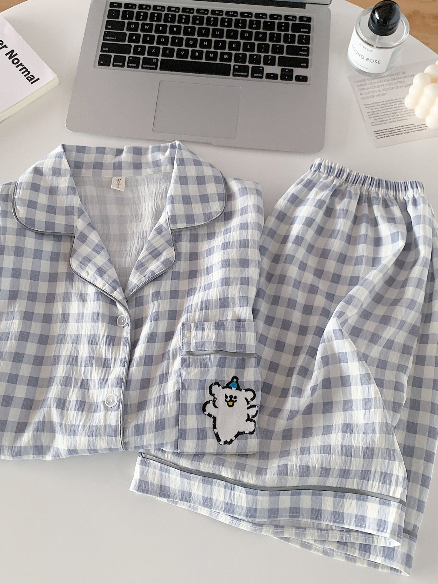 Cloud Check 3-Piece Pajama Set – Shirt, Shorts & Pants