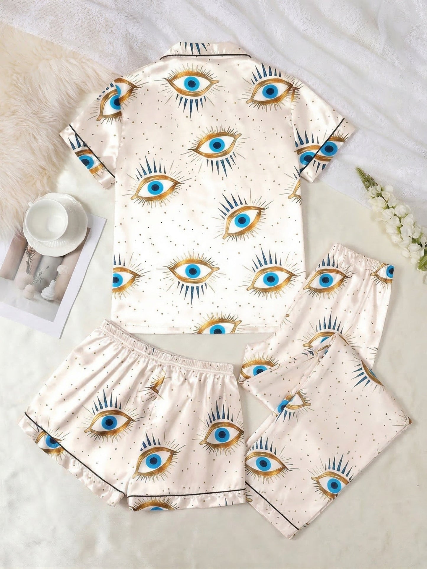 Evil Eye Luxe 3-Piece Satin Pajama Set