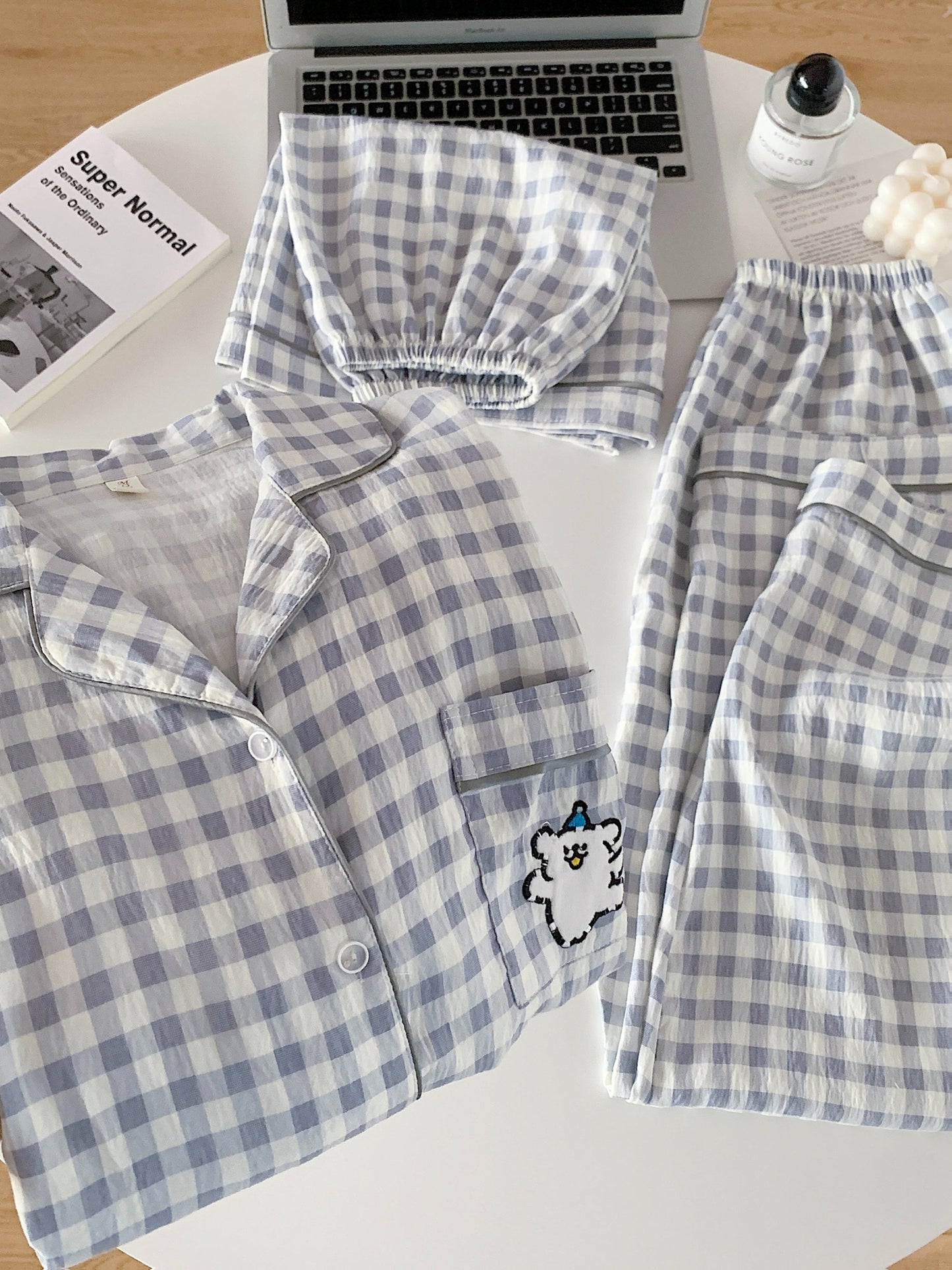 Cloud Check 3-Piece Pajama Set – Shirt, Shorts & Pants