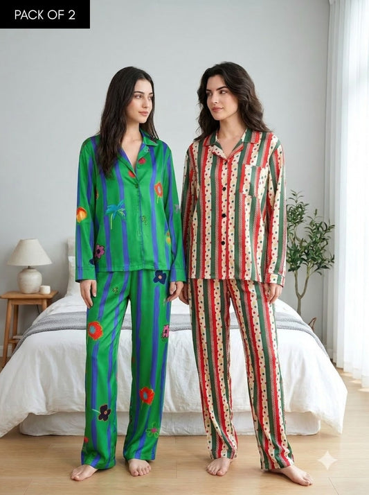 Garden Stripe – Printed Satin Pajama Set | Pack of 2