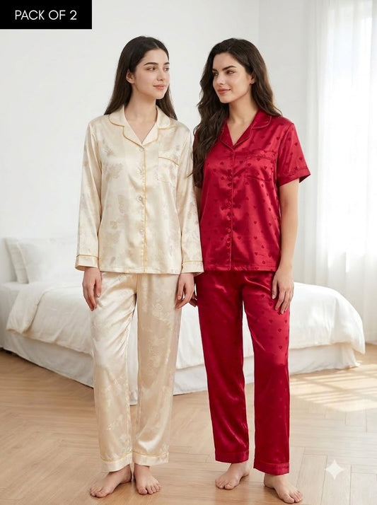 Silk Heart Duo – Satin Pajama Set | Pack of 2
