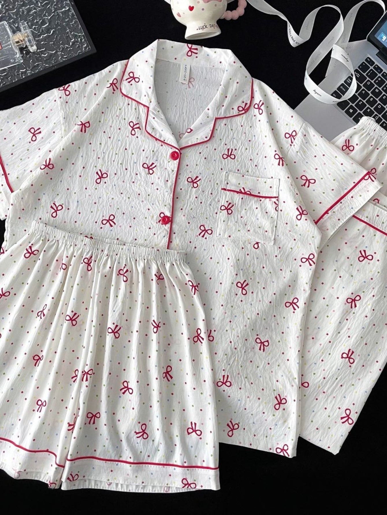 Cherry Bow Dream 3-Piece Pajama Set – Shirt, Shorts & Pants