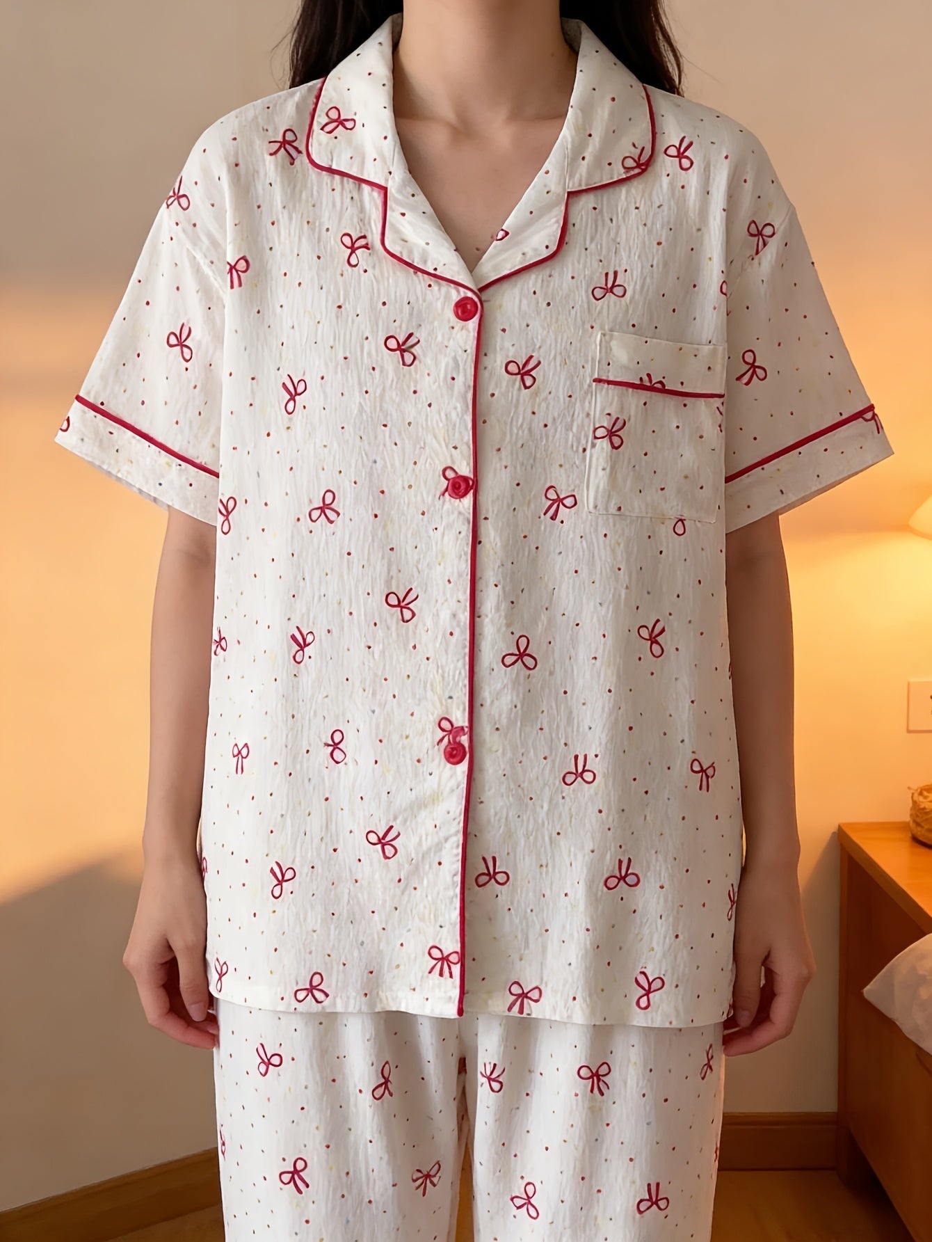 Cherry Bow Dream 3-Piece Pajama Set – Shirt, Shorts & Pants