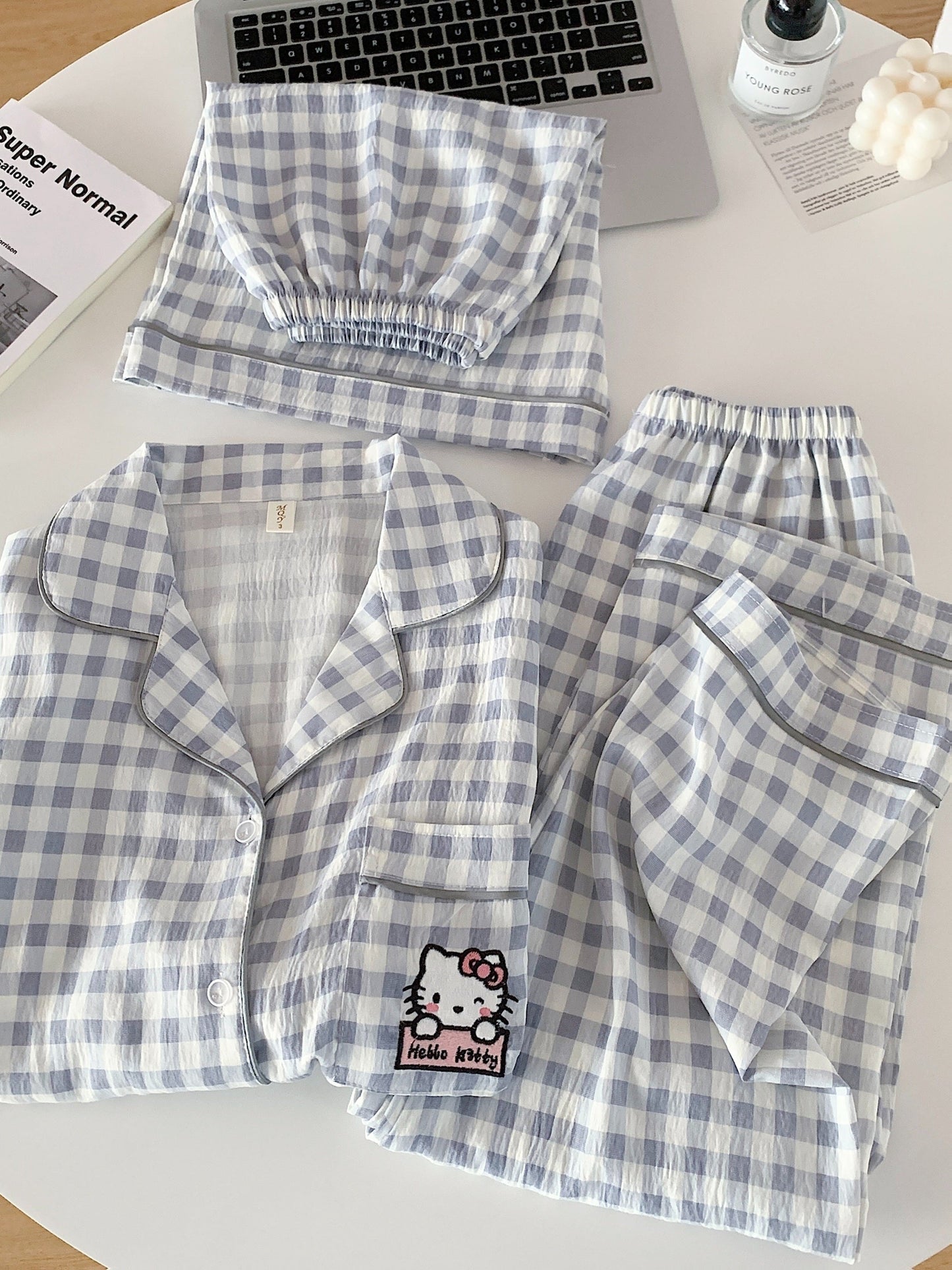 Hello Kitty Cloud Check 3-Piece Pajama Set – Shirt, Shorts & Pants