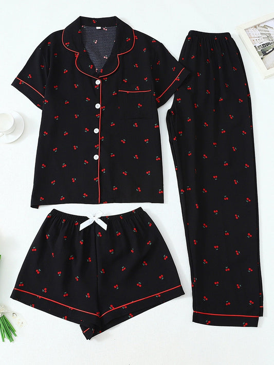 Midnight Cherry 3-Piece Pajama Set – Shirt, Shorts & Pants