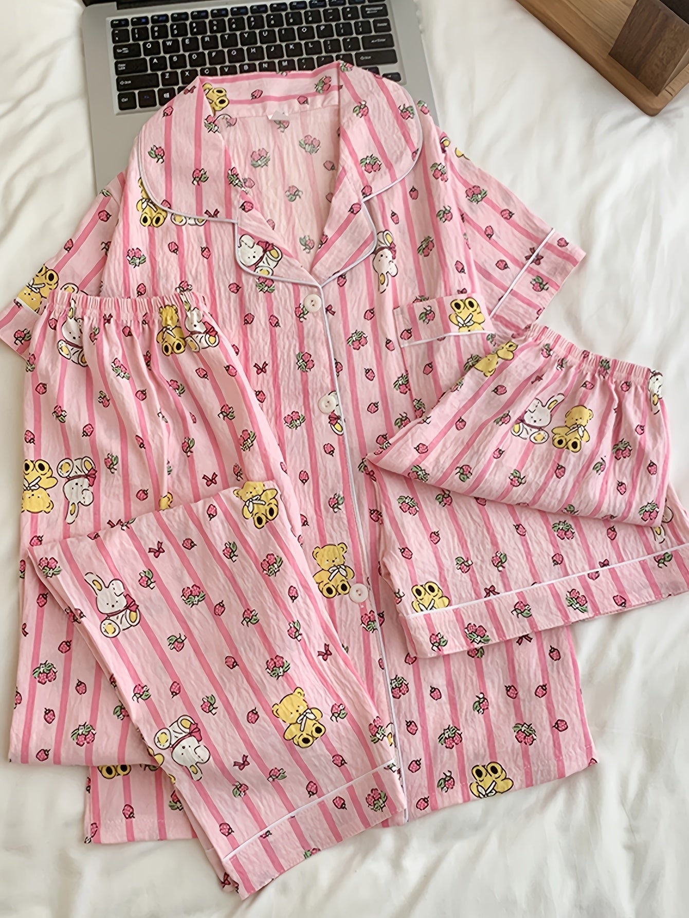 Strawberry Teddy Pink 3-Piece Pajama Set – Shirt, Shorts & Pants