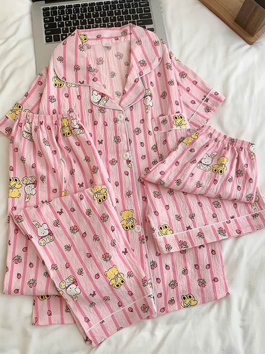 Strawberry Teddy Pink 3-Piece Pajama Set – Shirt, Shorts & Pants
